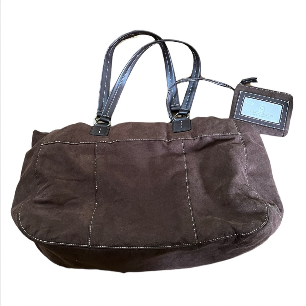 Y2K Liz Claiborne Brown Large Tote Shoulder Bag Purse Attached Wallet Microfiber